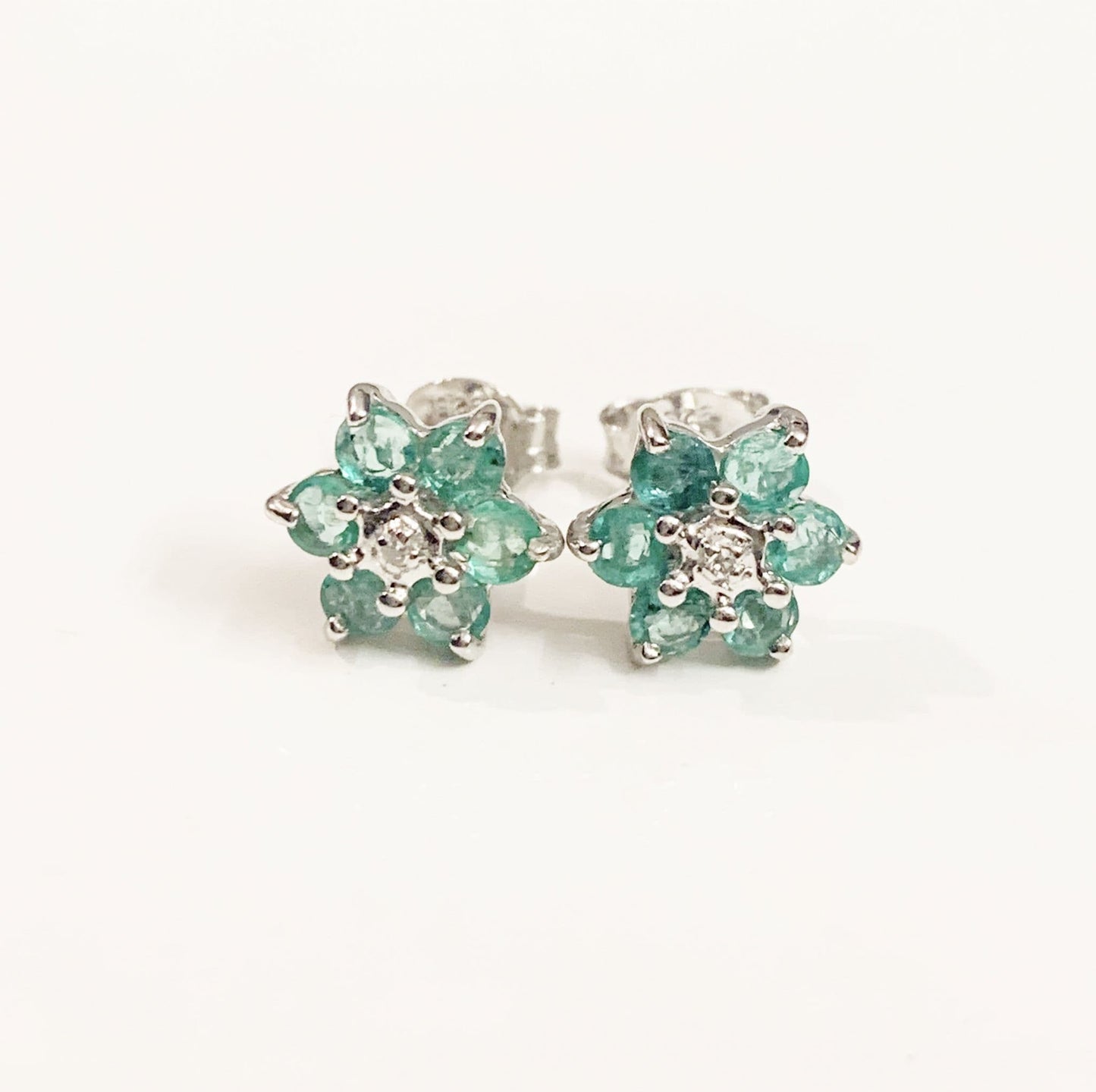 Round Emerald And Diamond Sterling Silver Green Cluster Earrings