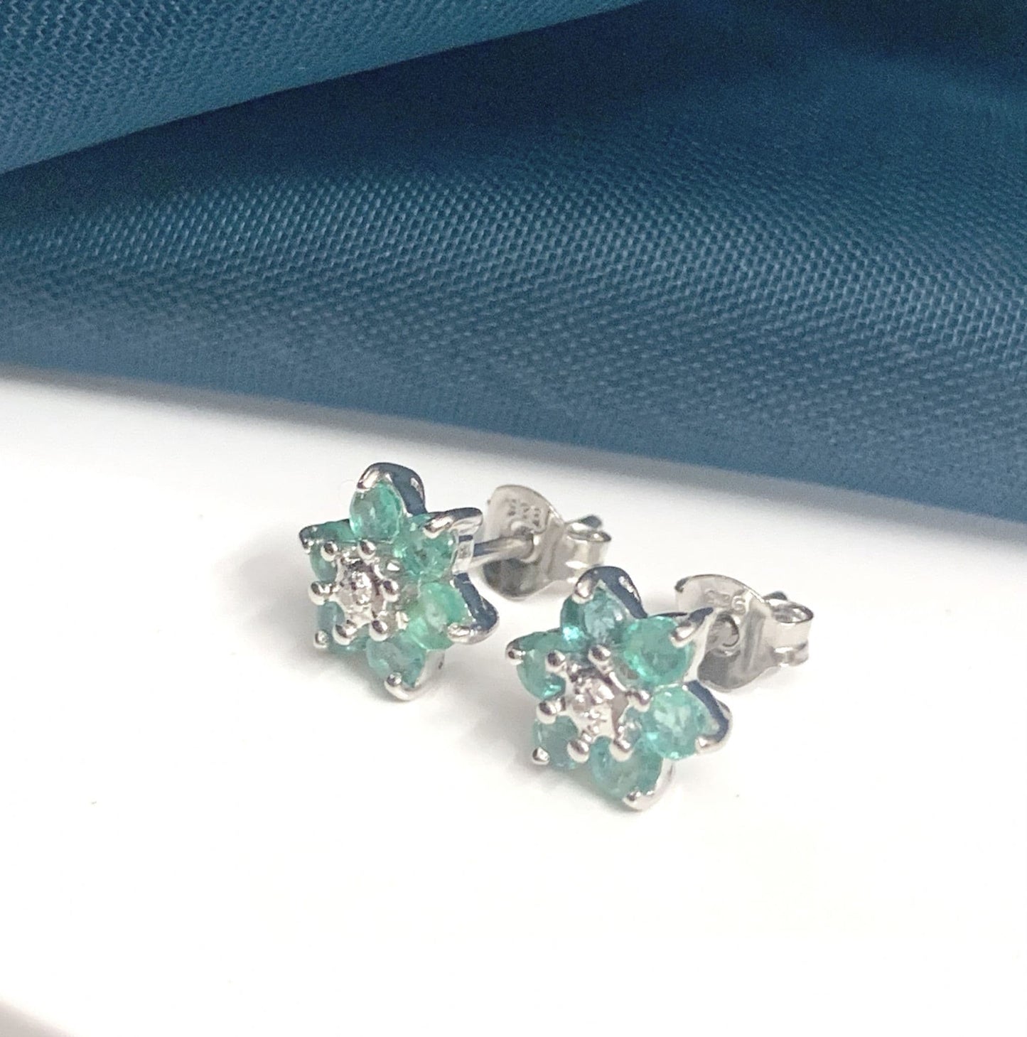 Round Emerald And Diamond Sterling Silver Green Cluster Earrings