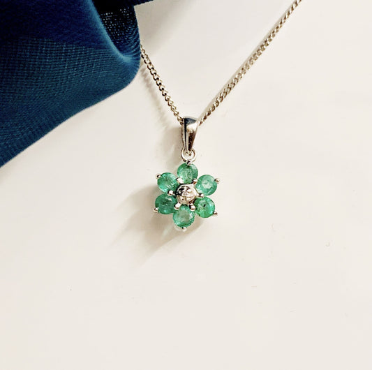 Round Emerald And Diamond Sterling Silver Green Necklace Pendant