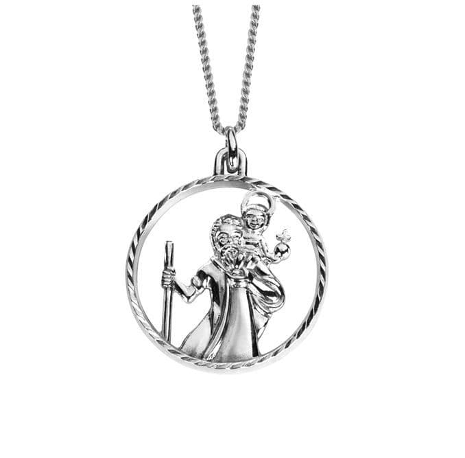 Round Pierced Sterling Silver St. Christopher Necklace
