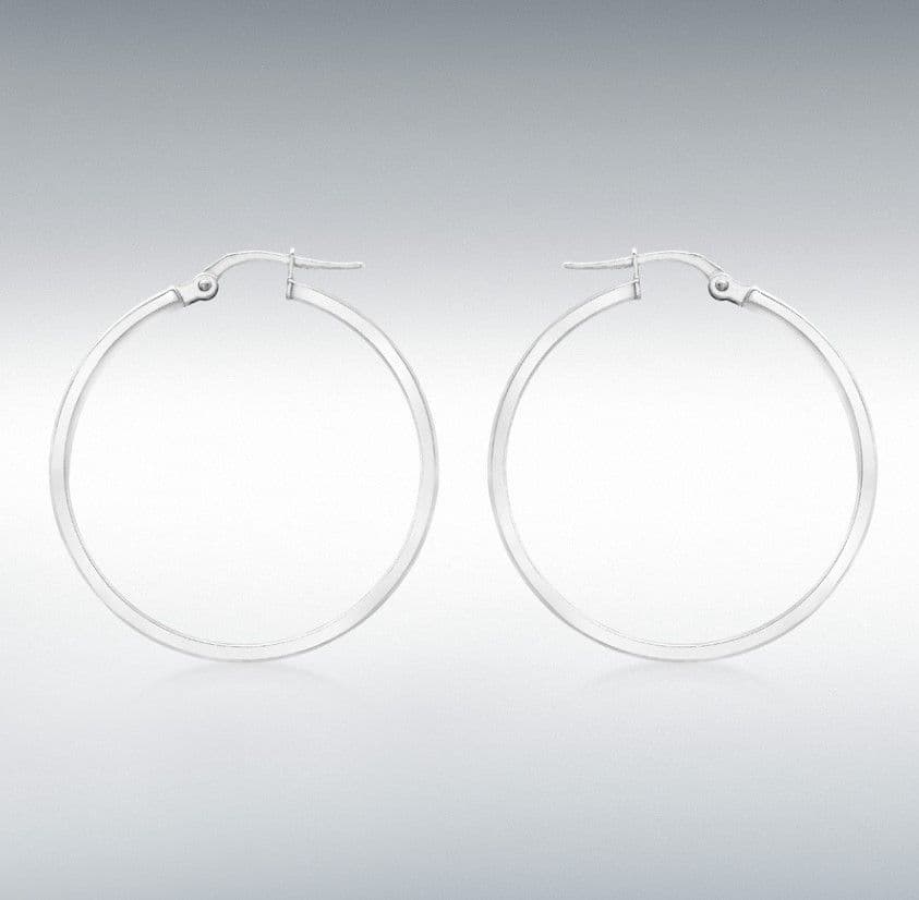 Round plain white gold hoop earrings 30 mm