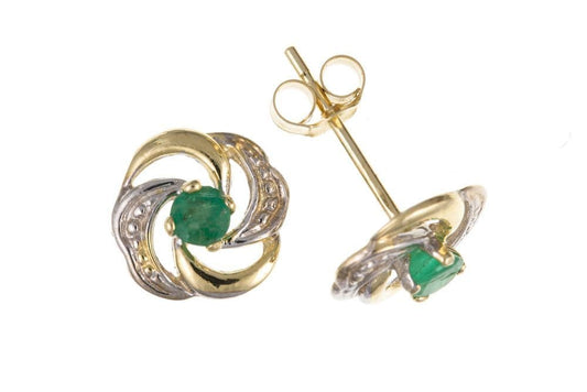 Round Yellow And White Gold Emerald Stud Earrings