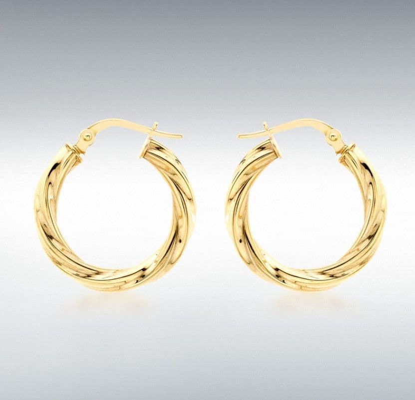 Round yellow gold twisted patterned hoop earrings 20 mm