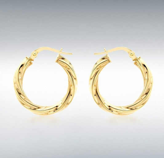 Round yellow gold twisted patterned hoop earrings 20 mm