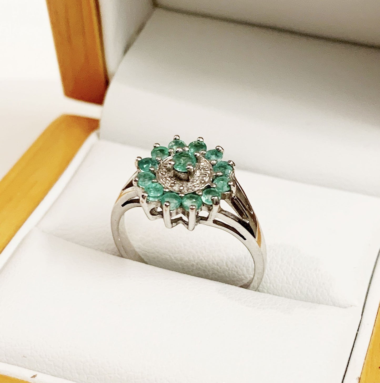 Round Emerald And Diamond Sterling Silver Green Cluster Ring