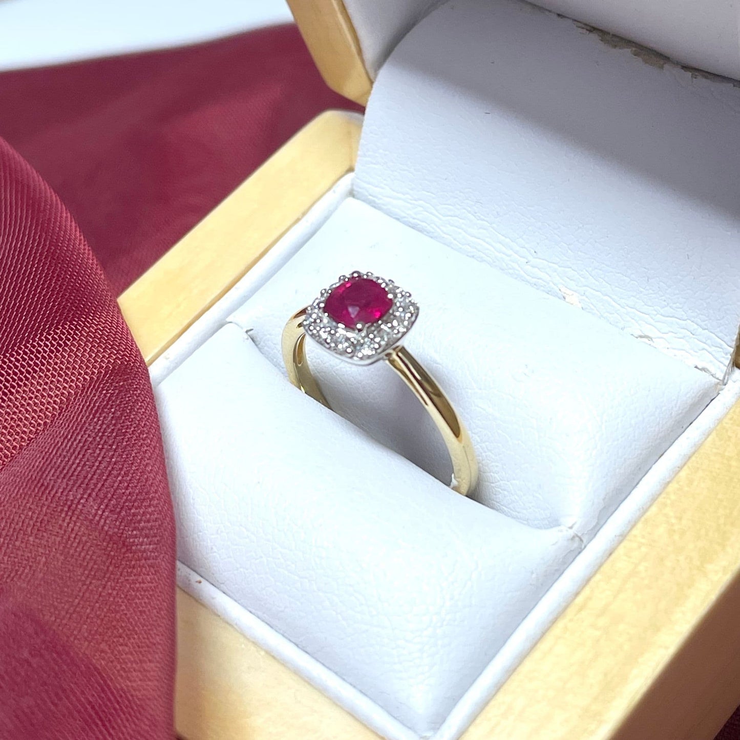 Ruby and Diamond Cushion Yellow Gold Cluster Ring
