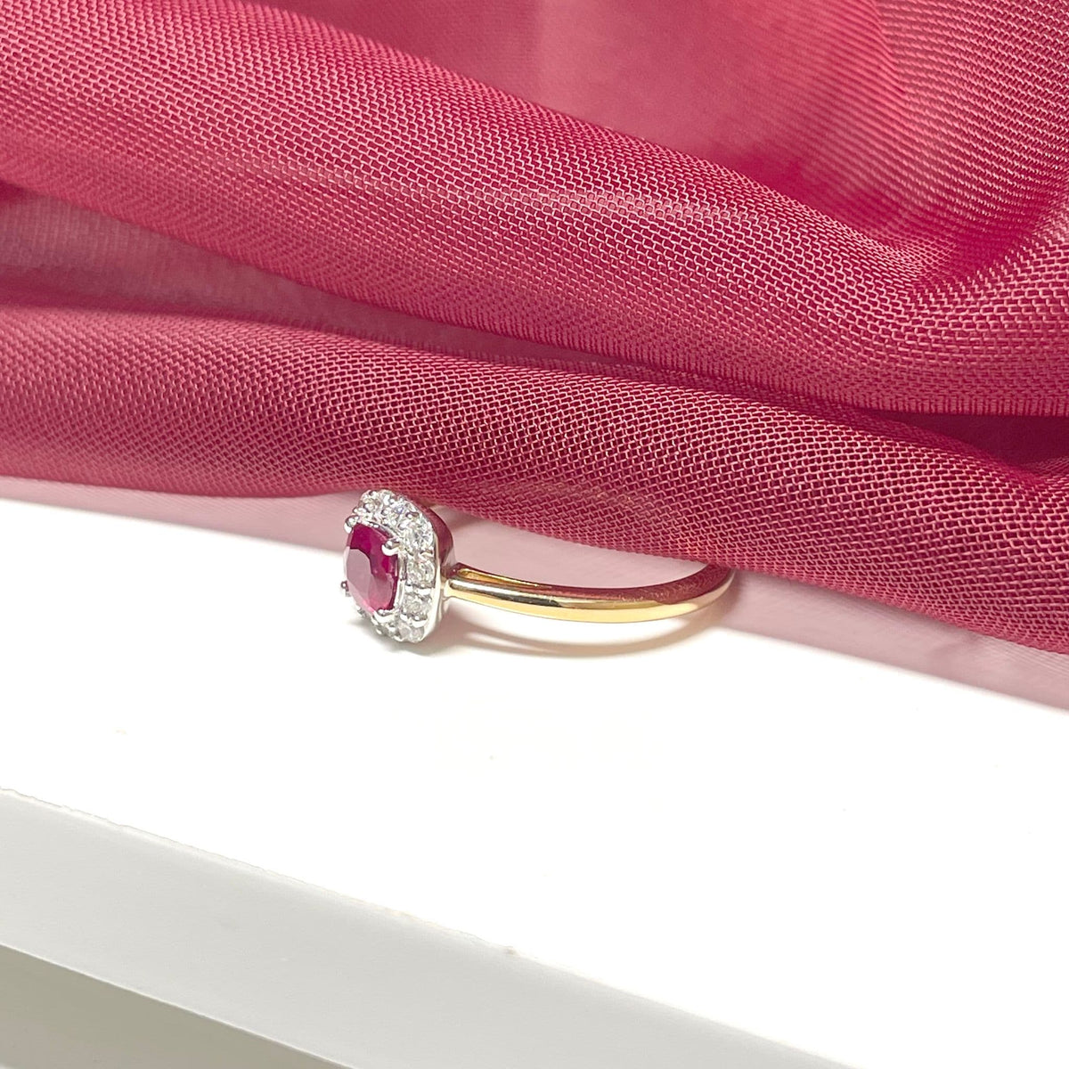 Ruby and Diamond Cushion Yellow Gold Cluster Ring
