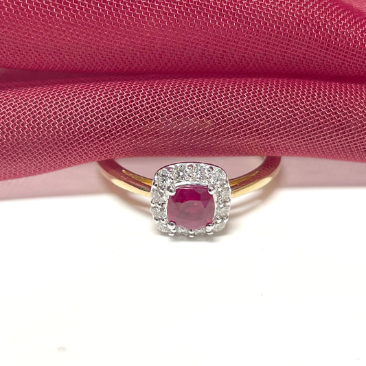Ruby and Diamond Cushion Yellow Gold Cluster Ring