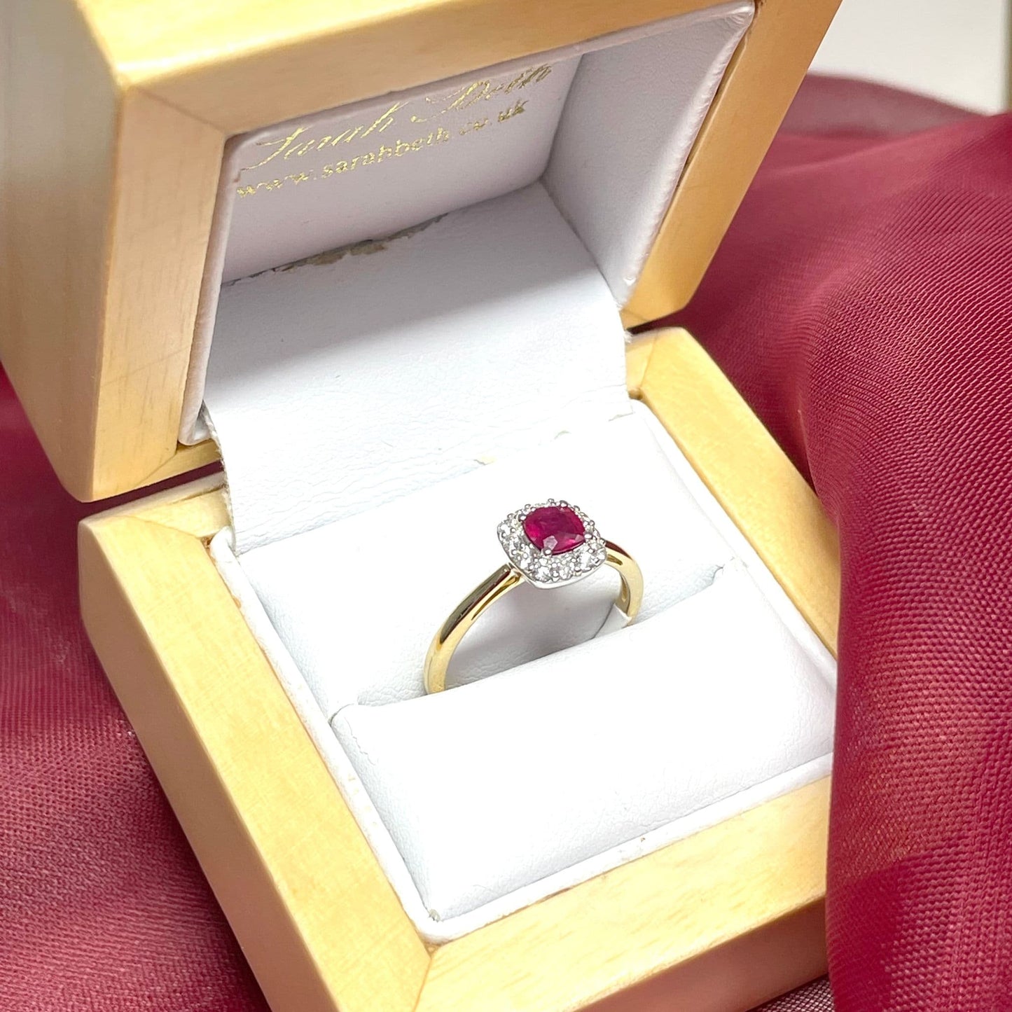 Ruby and Diamond Cushion Yellow Gold Cluster Ring