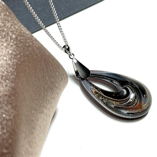 Silver grey & black Murano glass teardrop necklace