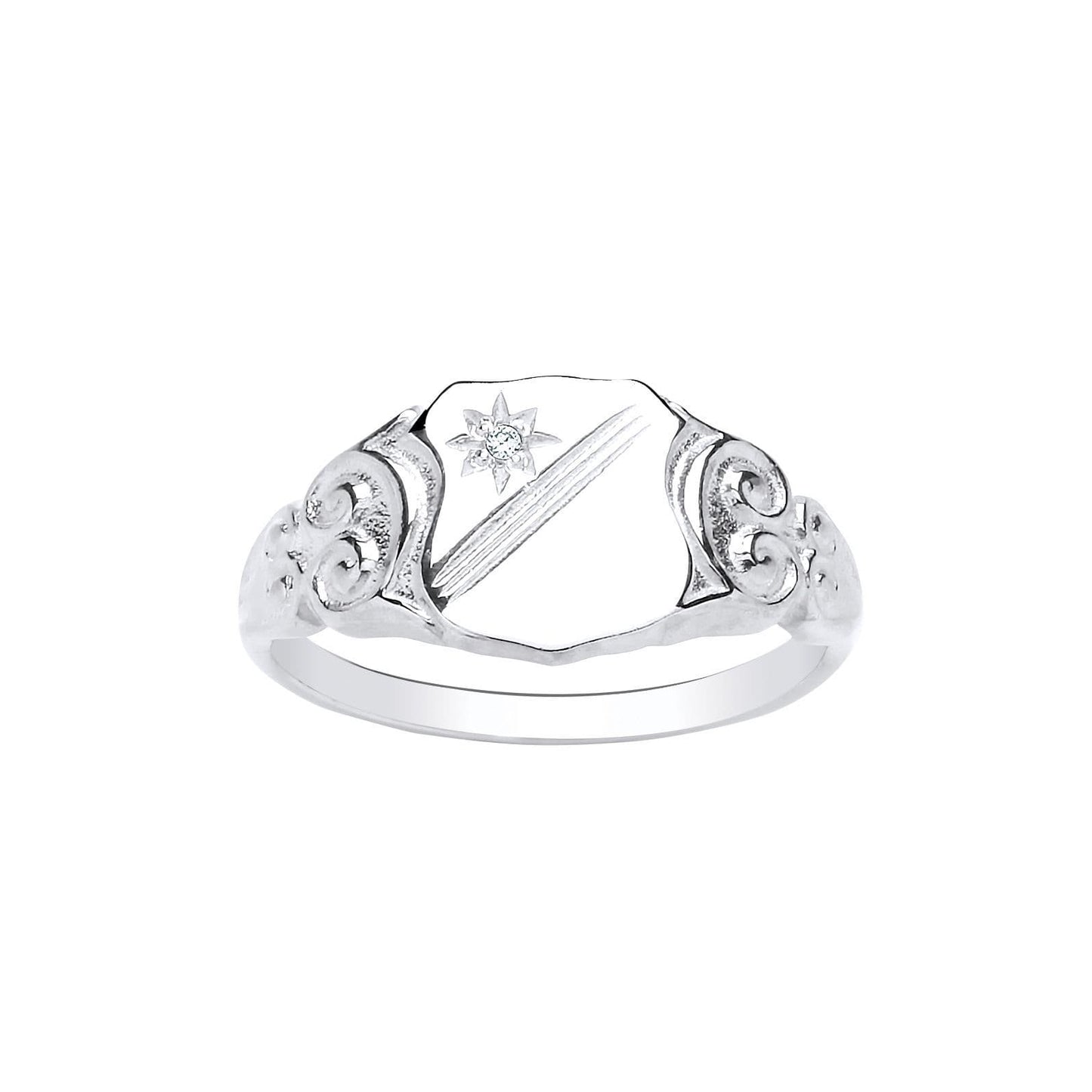 Silver Patterned Shield Shape Mens Stone Set Signet Ring