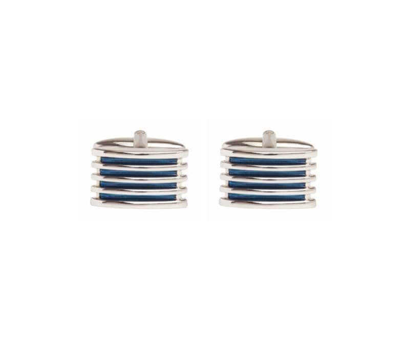 Silver plated rectangle shaped blue four rib enamel cufflinks