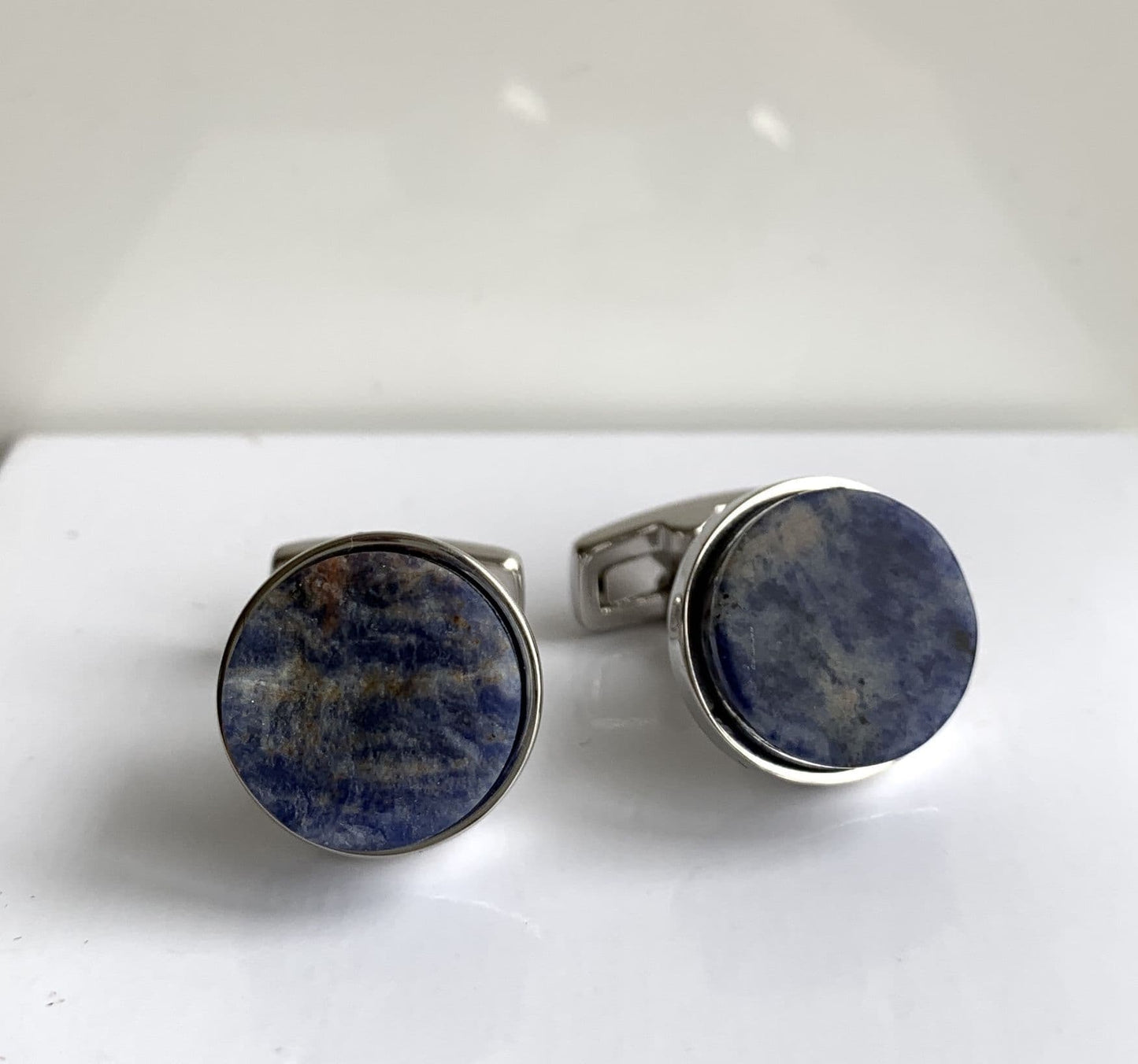 Silver plated round lapis lazuli cufflinks