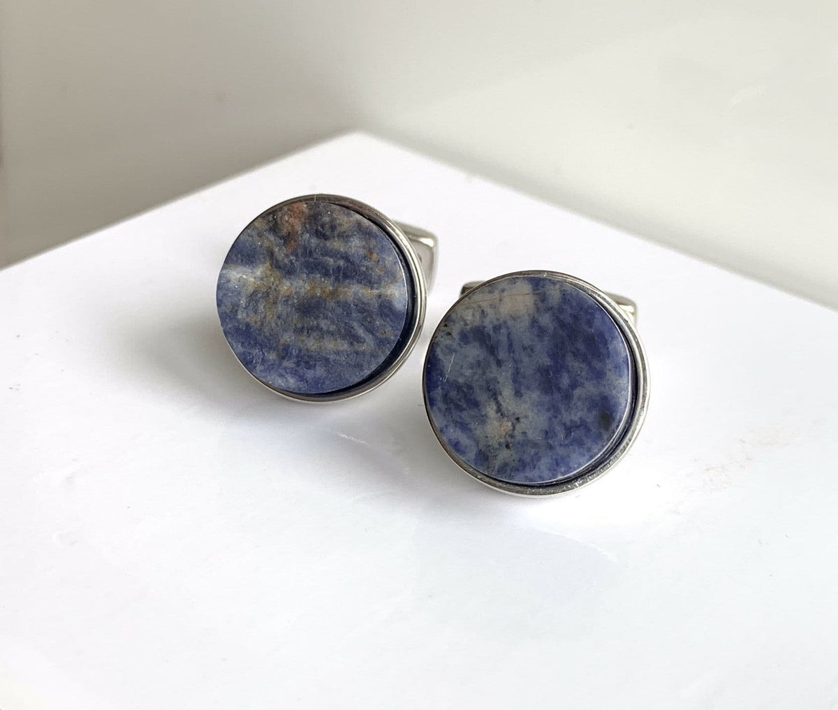 Silver plated round lapis lazuli cufflinks