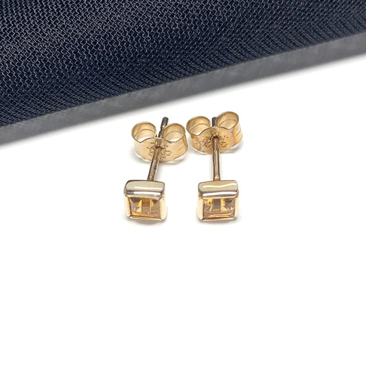 Small square dark yellow citrine gold earrings