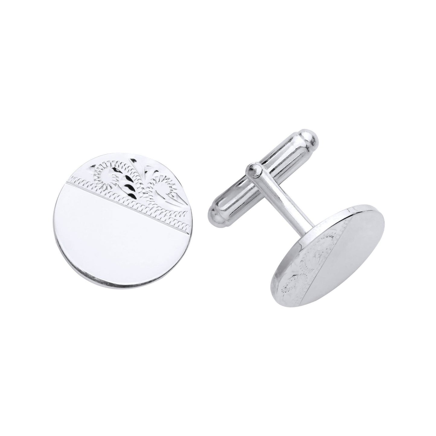 Solid sterling silver part engraved round cufflinks