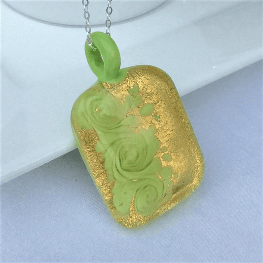 Square Lime Green & Gold Murano Glass Necklace