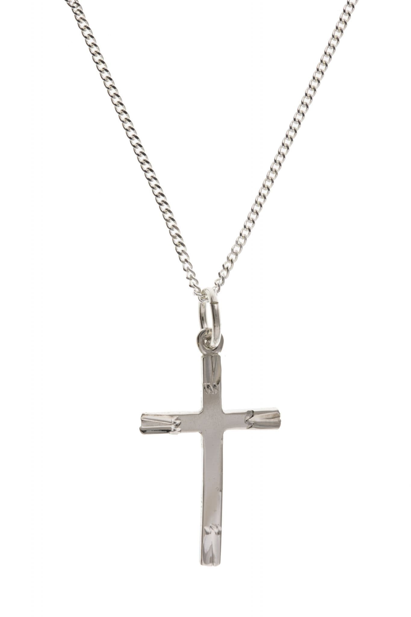 Sterling Silver Diamond Cut Cross Necklace Chain Included Height - 21mm Width - 13mm Gift Box Included A beautiful solid sterling silver polished cross necklace, with a diamond cut zigzag design to the centre including an 18 inch sterling silver curb chain