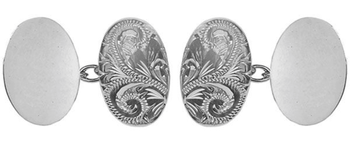 Sterling silver engraved and plain oval chained cufflinks