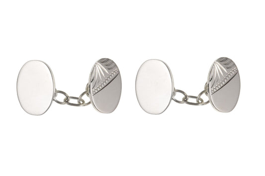 Sterling silver half engraved oval double chained linked cufflinks
