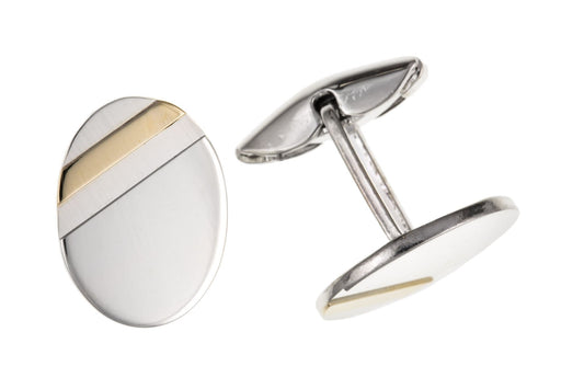 Sterling silver oval shaped cufflinks with a gold plated stripe