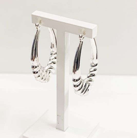Sterling Silver Patterned Oval Hoop Creole Earrings 32 x 22 mm