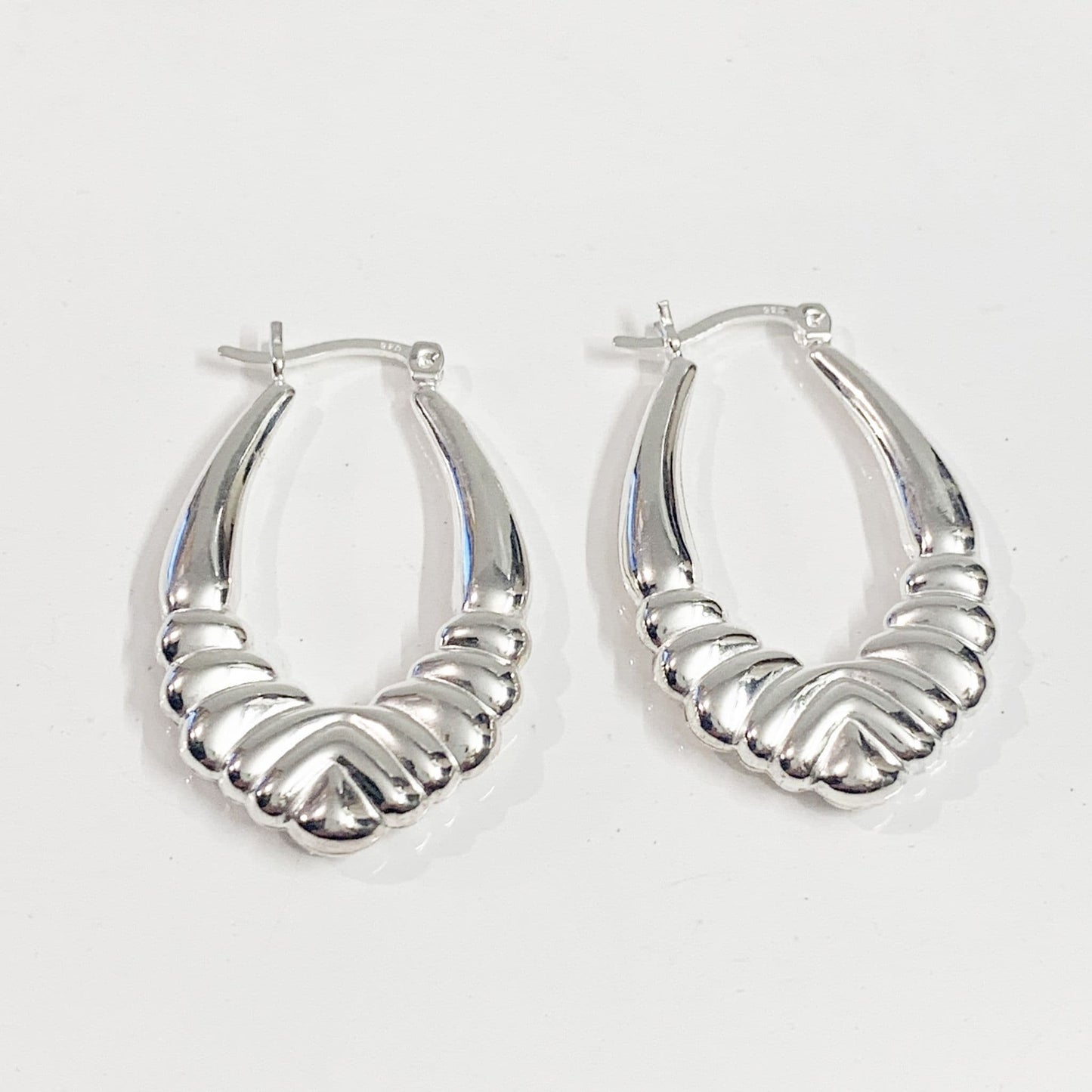 Sterling Silver Patterned Oval Hoop Creole Earrings 32 x 22 mm