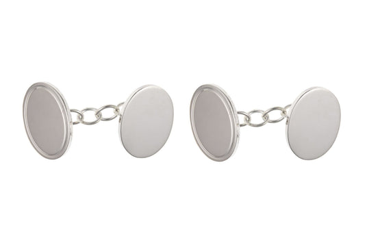 Sterling silver plain edged oval chained cufflinks