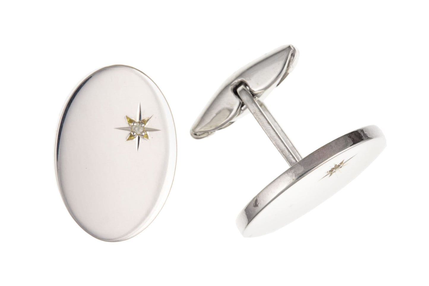Sterling silver plain oval diamond set cufflinks