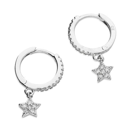 Sterling Silver Round Hoop Earrings With Stars 12 mm