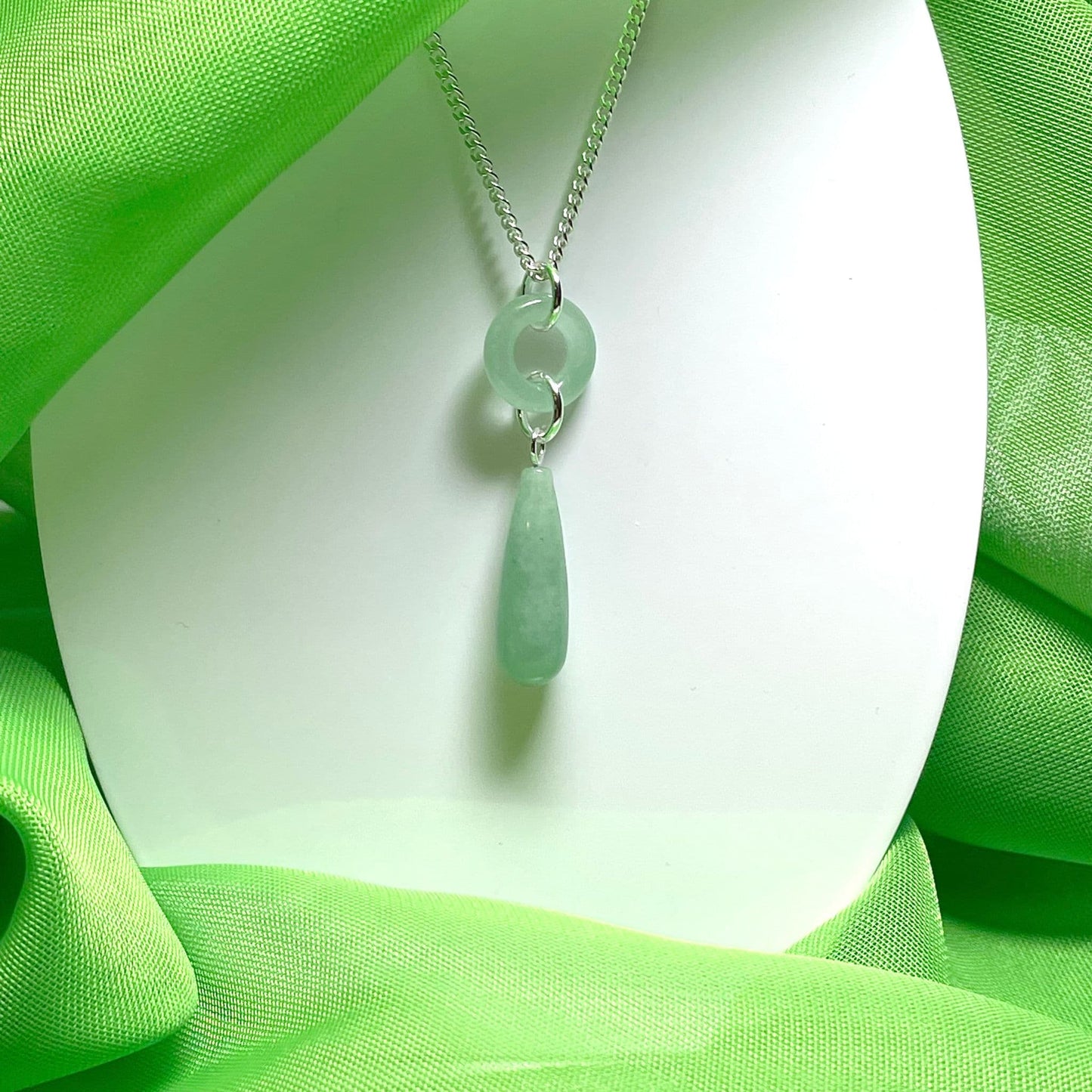 Tear Drop And Circle Silver Pear Shaped Green Jade Necklace Pendant