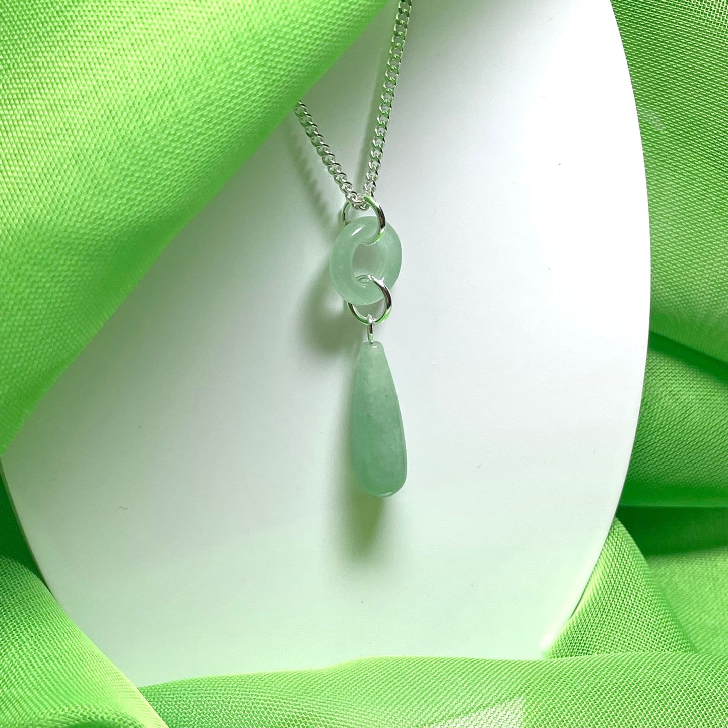 Tear Drop And Circle Silver Pear Shaped Green Jade Necklace Pendant