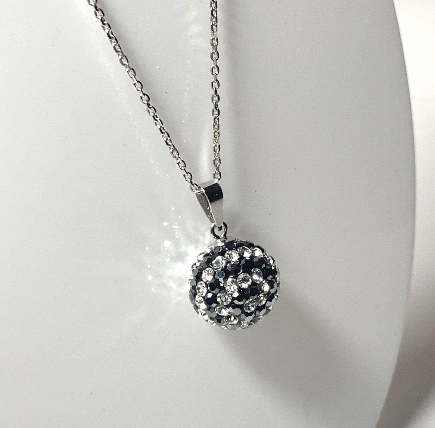 Tresor Paris 12 mm Grey And White Crystal Bon Bon Round Disco Glitter Ball Necklace Pendant