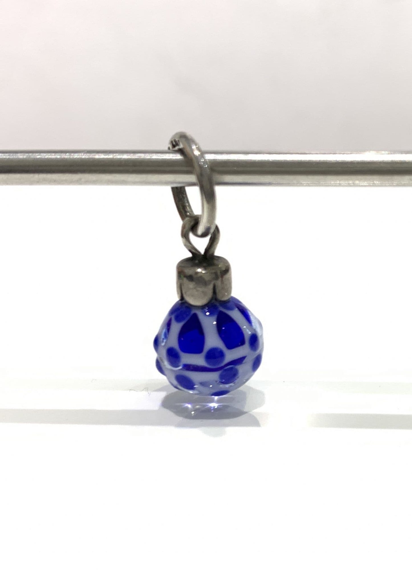 Trollbeads Blue And White Lined With Light Blue Dots Hanging Round Glass Bead