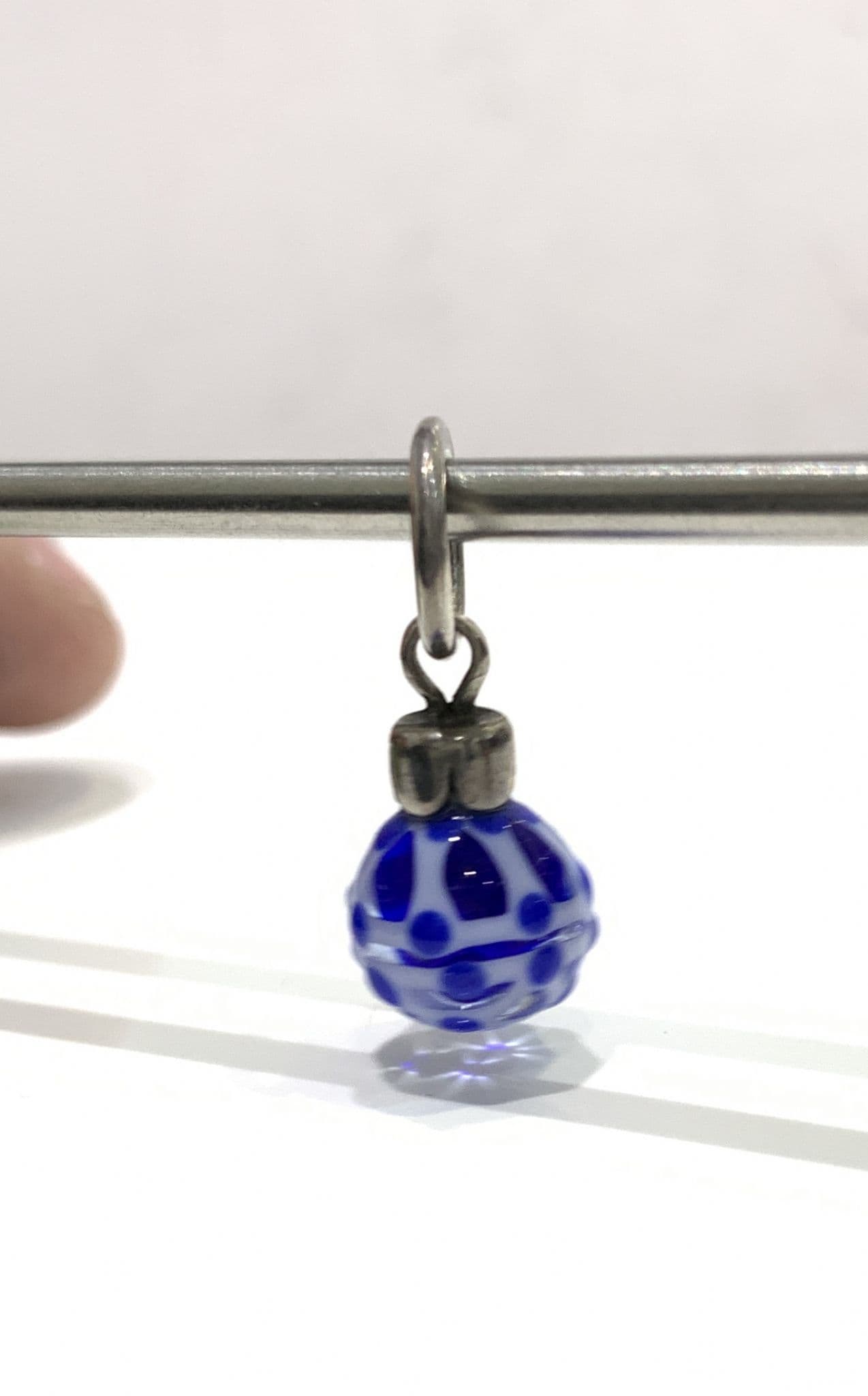 Trollbeads Blue And White Lined With Light Blue Dots Hanging Round Glass Bead
