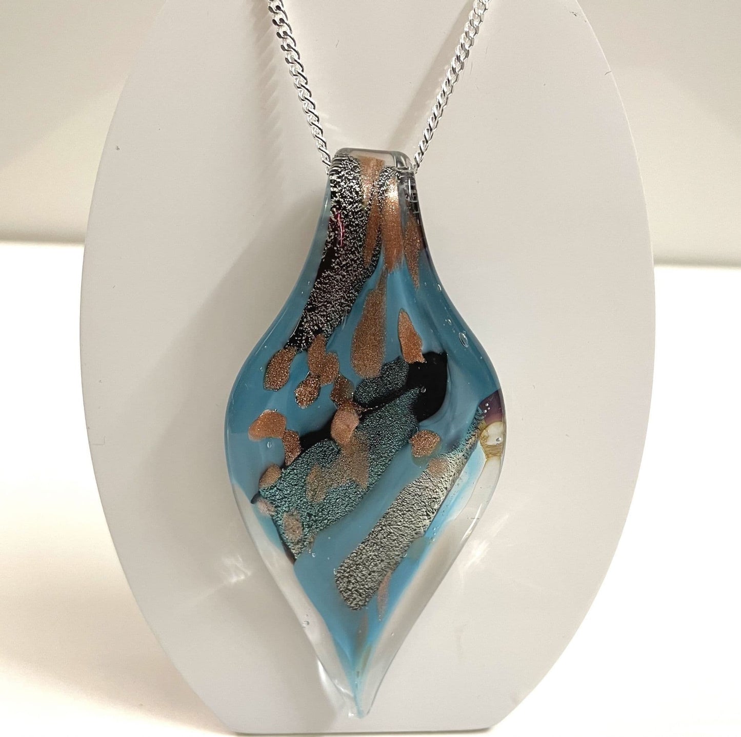 Turquoise Silver & Copper Tone Murano Glass Leaf Necklace