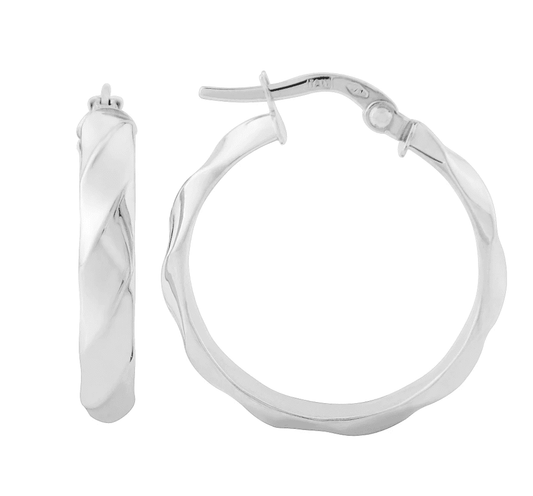 White Gold Round Flat Twisted Hoop Earrings 25mm