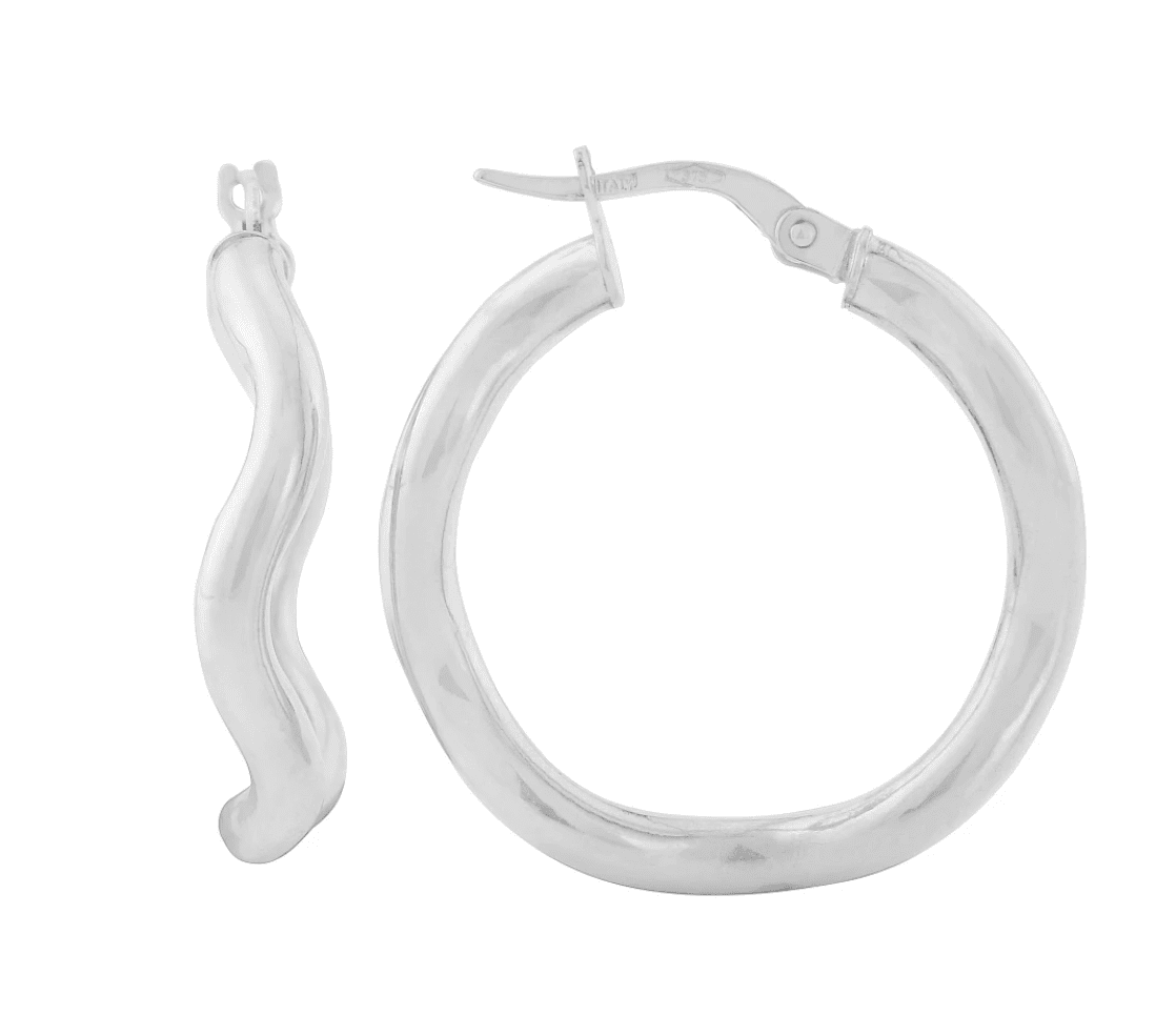 White Gold Round Wavy Hoop Earrings 26mm