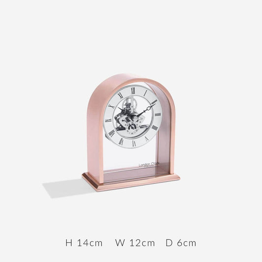 03183 Skeleton Clock Rose Gold Coloured Curved Arch Top Metal And Glass Mantle London Clock Company