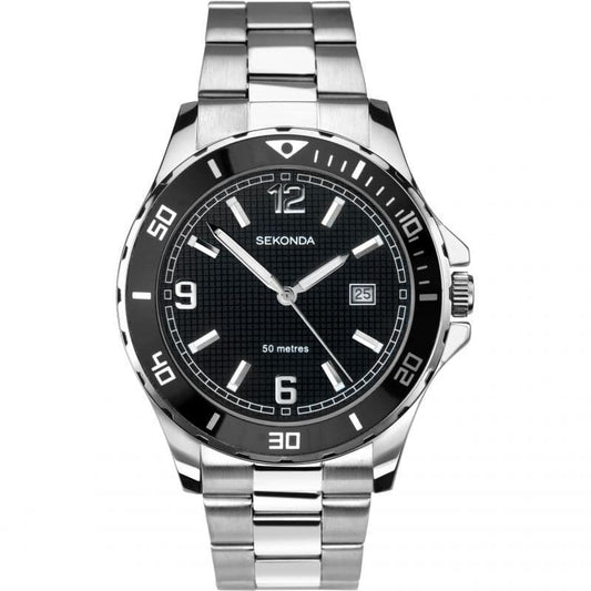 1513 Sekonda Men's Round Black Dial Stainless Steel Bracelet Watch With Date Feature