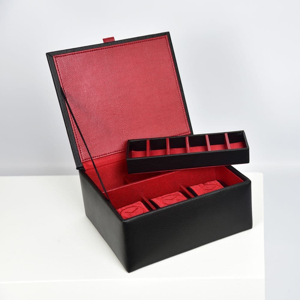 70913 Dulwich Designs Black watch & cufflink box Red lining