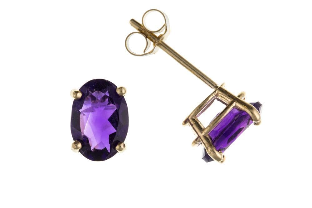 9 Carat yellow gold amethyst oval cut claw set stud earrings