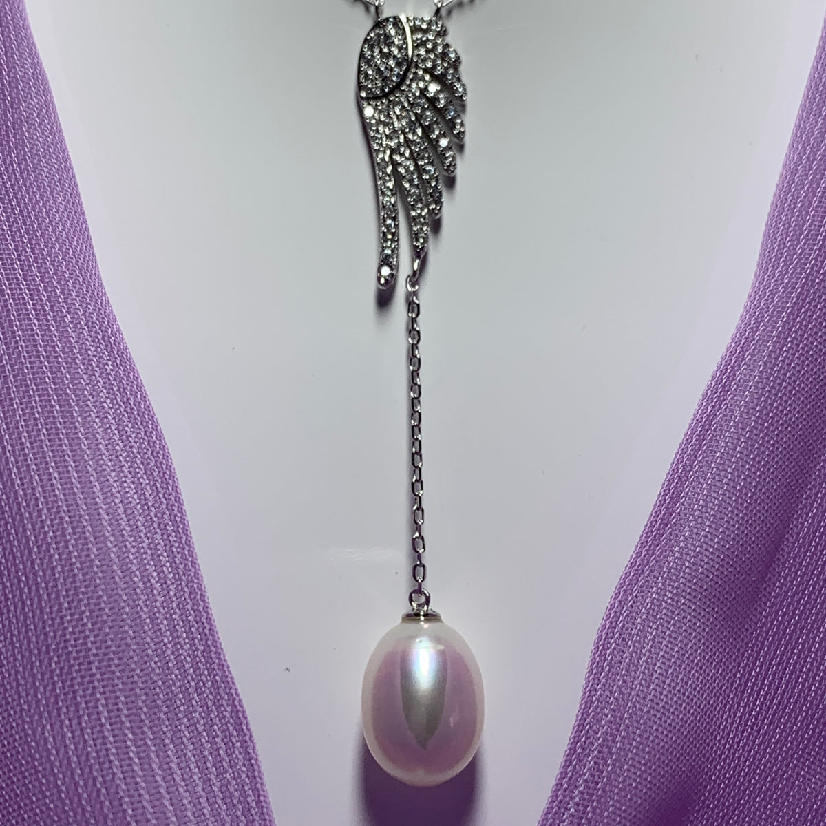 Angle Wing Cubic Zirconia and Fresh Water Pearl Necklace Pendant