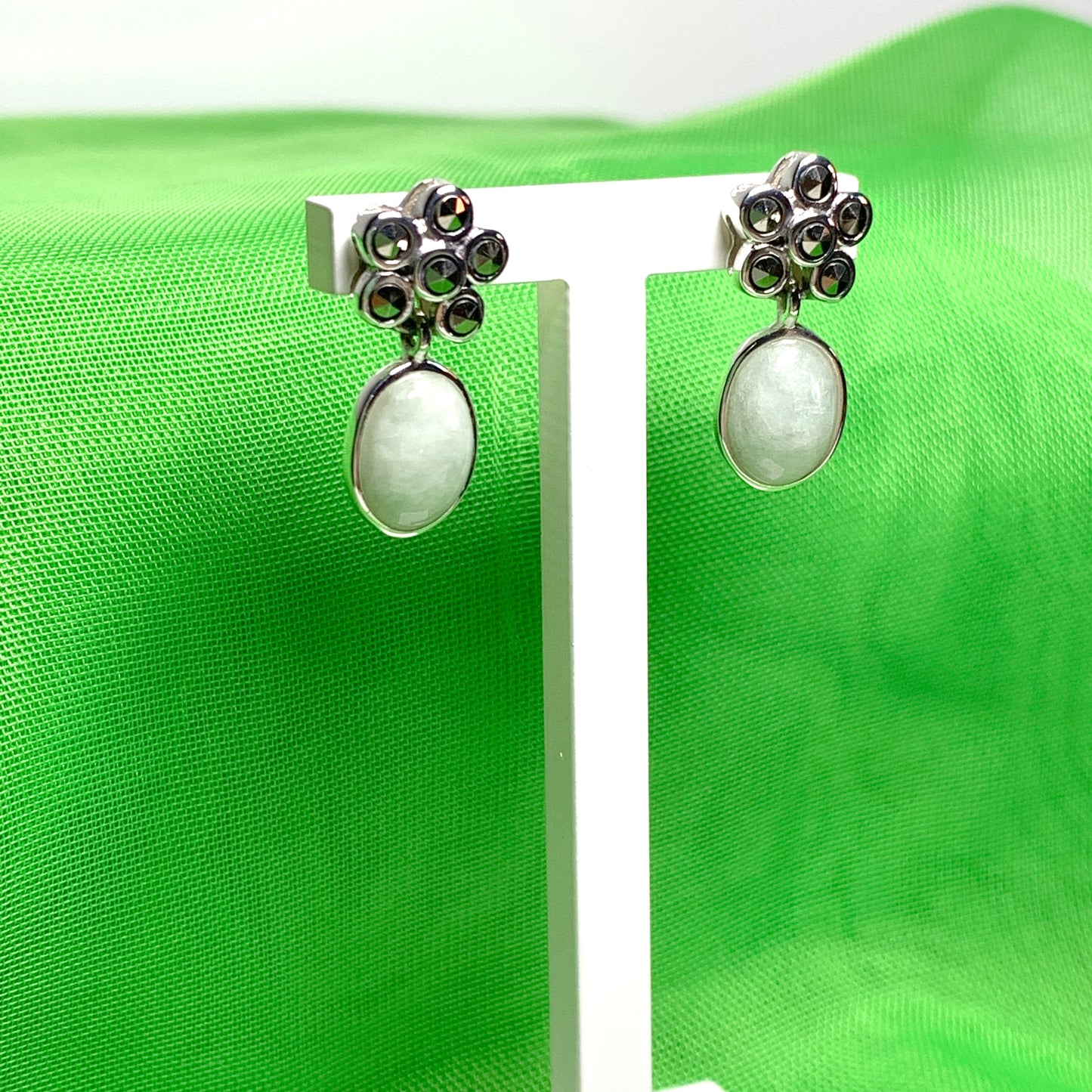Jade and Marcasite Sterling Silver Drop Earrings