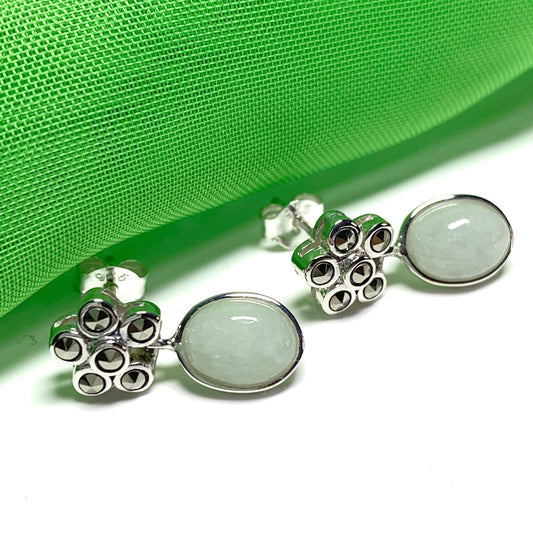 Jade and Marcasite Sterling Silver Drop Earrings