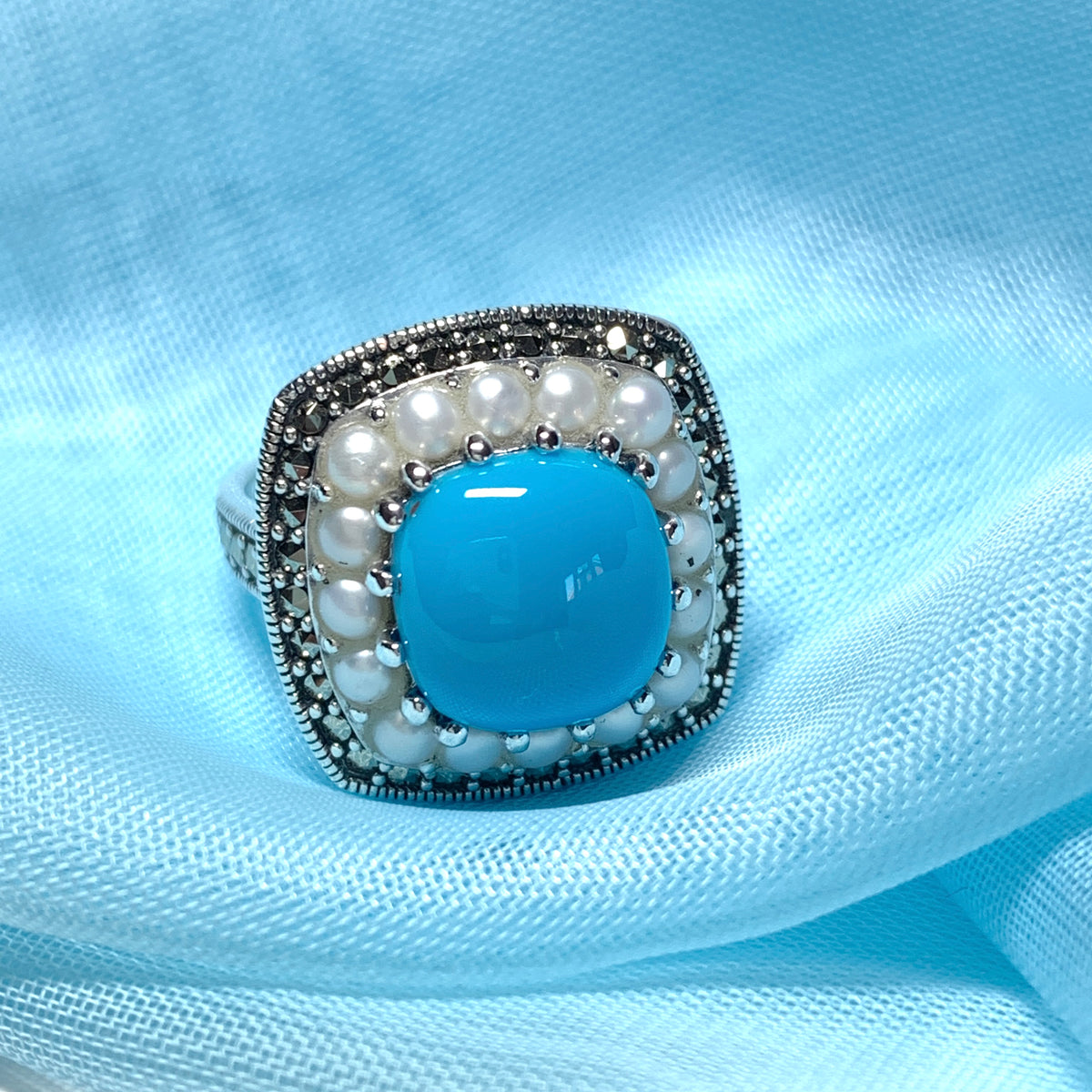 Large Blue Turquoise Sterling Silver Dress Cocktail Ring