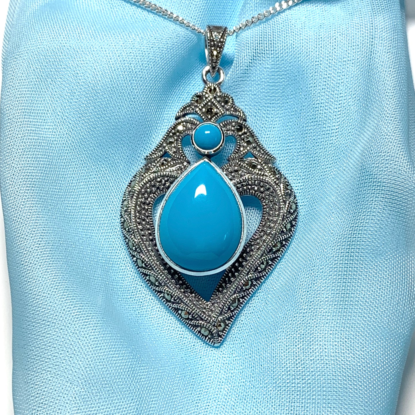 Fancy Real Turquoise Drop Sterling Silver Necklace