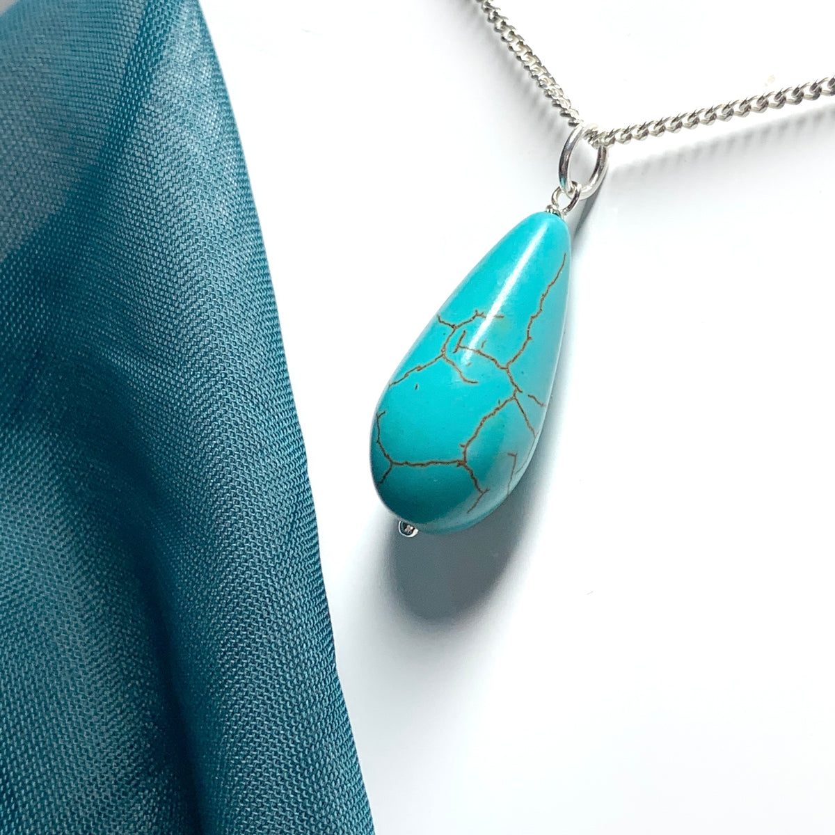 Large turquoise pear drop sterling silver necklace