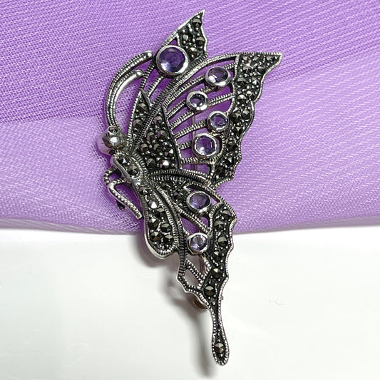 Large butterfly brooch amethyst and marcasite