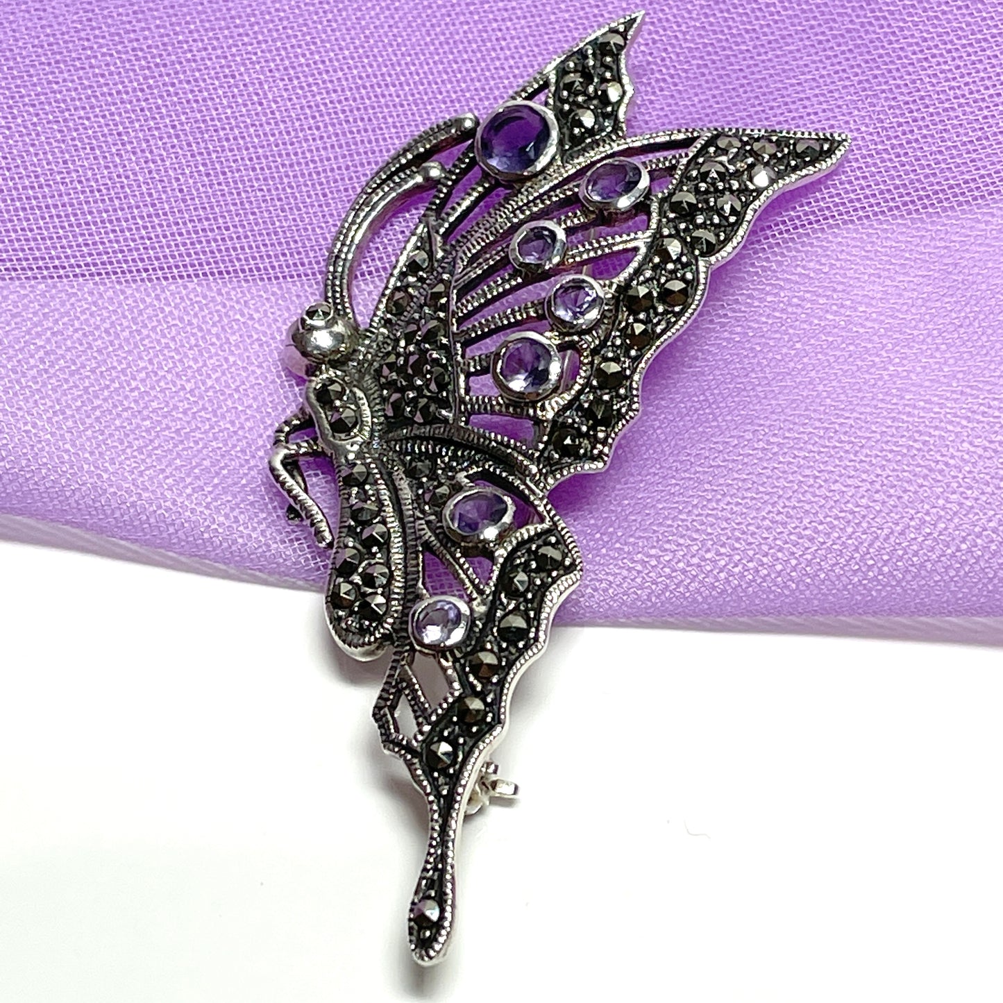 Large butterfly brooch amethyst and marcasite